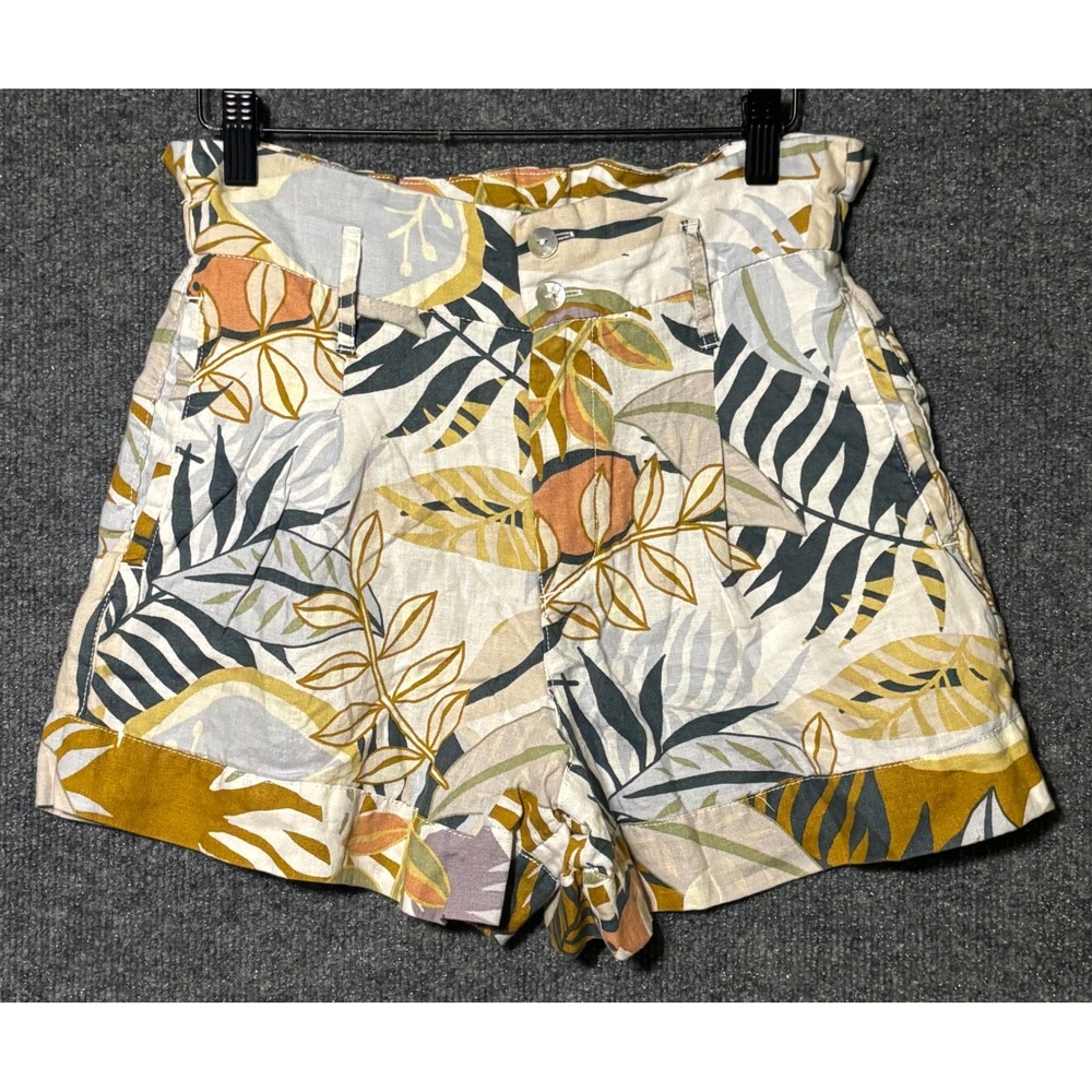 C&C California Tropical Leaf Print Paperbag Shorts 100% Linen Women's Size Small